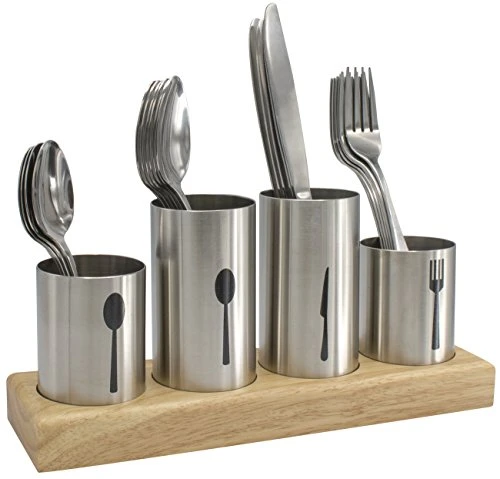 Silverware Holder With Caddy For Spoons, Knives Forks, Etc β Ideal For Kitchen, Dining, Entertaining, Buffet, Picnic, And More β Stainless Steel With Bamboo Wood Base