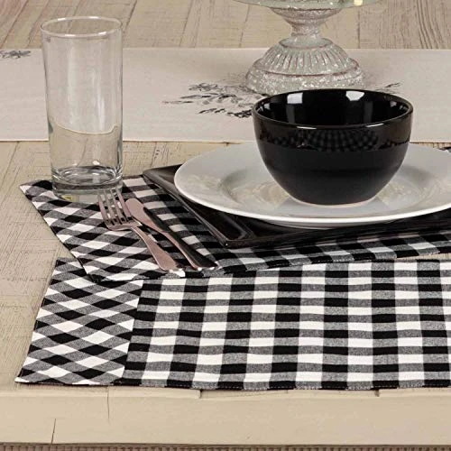 Vintage Check Black Placemats, Set Of 4, Modern Farmhouse Or Country Cottage Gingham Kitchen & Dining Cloth Mats