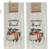 2 Pc Fall Kitchen Towels Set - Dark Linen Thankful Blessed With Pumpkins, Autumn Home Decor - Comes In An Organza Gift Bag