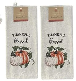 2 Pc Fall Kitchen Towels Set - Dark Linen Thankful Blessed With Pumpkins, Autumn Home Decor - Comes In An Organza Gift Bag