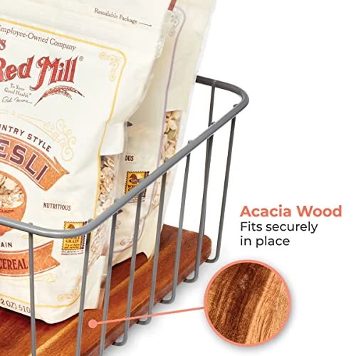 Ria Safford Collection Pantry Wire Basket With Acacia Wood, 10" X 8" X 5" - Image 4