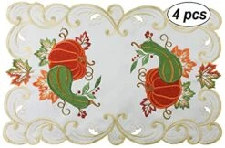 4PCS Fall Harvest Thanksgiving Placemats 11x17”, Embroidered Pumpkin Patch Maple Leaf Place Mats Tray Cloths Ivory, Set Of 4 Pieces