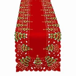Embroidered Christmas Holiday Holly Tree Table Runner, Dresser Scarf, Rectangular 16 X 72 Inch