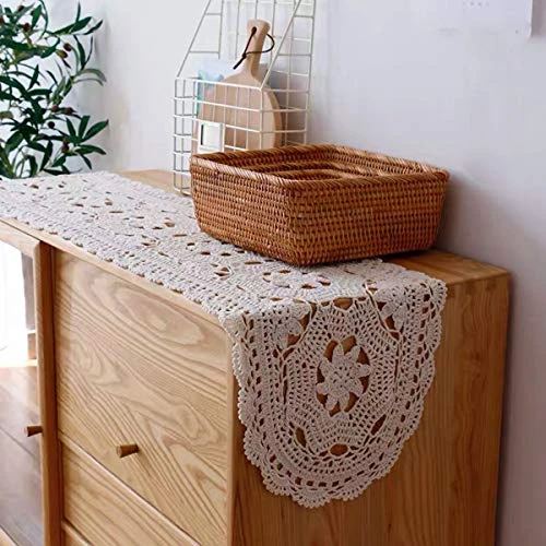 Janef Beige Handmade Crochet Cotton Table Runner Lace Doilies Doily Oval Dresser Scarves,12 By 28 Inches. - Image 4
