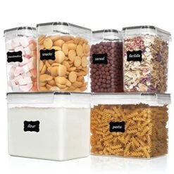 Airtight Food Storage Containers 6 Pieces - Plastic BPA Free Kitchen Pantry Storage Containers For Sugar,Flour And Baking Supplies - Dishwasher Safe - Include 24 Labels, Black