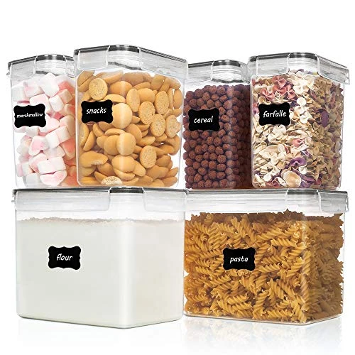 Airtight Food Storage Containers 6 Pieces - Plastic BPA Free Kitchen Pantry Storage Containers For Sugar,Flour And Baking Supplies - Dishwasher Safe - Include 24 Labels, Black