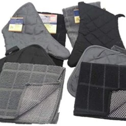 Kitchen Decor - Oven Mitts - Potholders - Towel Linen Set (8 Pc) Clean Classic Black And Gray Color Combination - Kitchen Towel Potholder Scrubber Dishcloth Oven Mitt Set - Kitchen Decorations