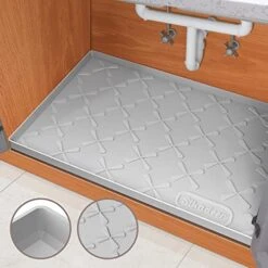 Under Sink Mat For Kitchen Waterproof, 34" X 22" Silicone Under Sink Liner, Hold Up To 3.3 Gallons Liquid, Kitchen Bathroom Cabinet Mat And Protector For Drips Leaks Spills Tray (Grey)