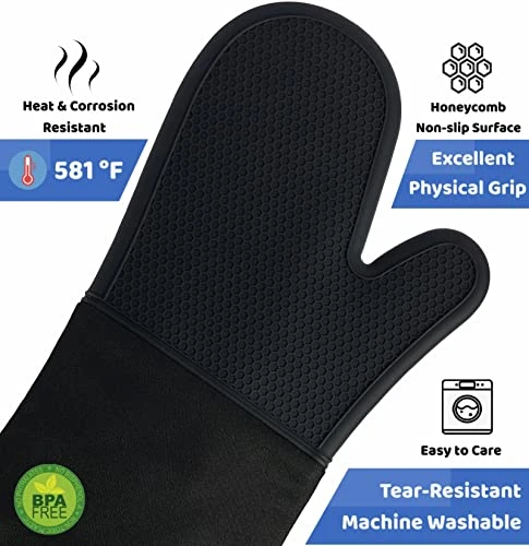 Durable Thick Oven Mitts Black, JEEKOIN Silicone Oven Gloves 14 Inch Heat Resistant 581 F With Soft Cotton Lining, Waterproof Oven Mitt Flexible Grip For Kitchen Cooking Baking, BPA Free, 1 Pair