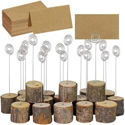 20 Pcs Rustic Wood Place Card Holders With Swirl Wire Wooden Bark Memo Holder Stand Card Photo Picture Note Clip Holders 5.8" And Kraft Place Cards Bulk For Wedding Party Table Number Name Sign