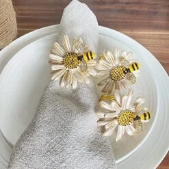 Set Of 6 Bee Napkin Rings Modern Daisy Flower Napkin Holder Tablescape Table Place Setting Party Wedding Dining Decor Accessories (Cream)