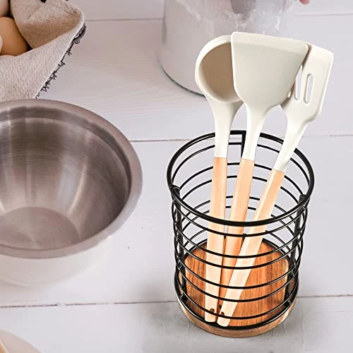 Utensil Holder For Kitchen Counter, Black Metal Wire Cooking Utensil Holder With Acacia Wooden Base, Large Kitchen Utensil Holder For Countertop - Image 4