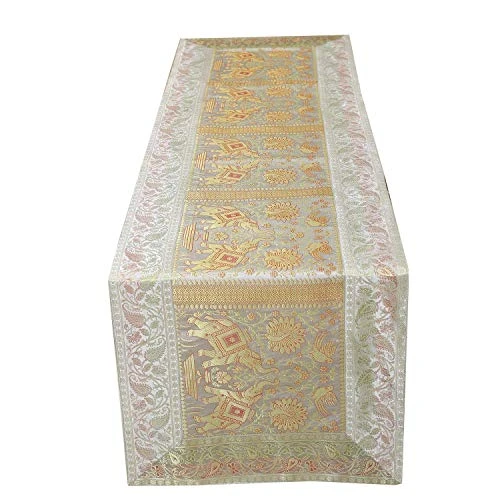 Indian Table Runner Rectangle Hand Art Elephant Good Luck Silk Table Runner 60 X 18 Inch Golden Color Table Cloth - Image 2