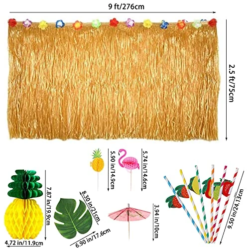 KEYIDO Hawaiian Luau Party Decorations Hawaiian Grass Table Skirt Set For Tropical Party Tiki Summer Theme Decorations Supplies(Brown) - Image 2