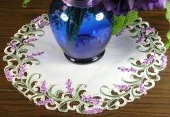 Mbroidered Doilie With Lavender Lilac Flowers On Cream 16 Inch Diameter, Machine Washable