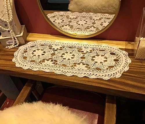 Janef Beige Handmade Crochet Cotton Table Runner Lace Doilies Doily Oval Dresser Scarves,12 By 28 Inches. - Image 11