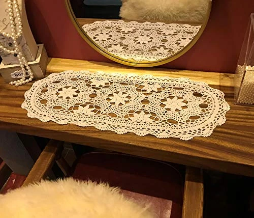 Janef Beige Handmade Crochet Cotton Table Runner Lace Doilies Doily Oval Dresser Scarves,12 By 28 Inches.