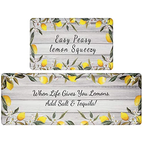 Anti Fatigue Kitchen Mat For Floor 2 Piece Waterproof Lemon Kitchen Rug Runner Thick Cushioned Kitchen Floor Mat Non Slip Kitchen Mat And Rug Comfort Heavy Duty Standing Mat Carpets For Kitchen