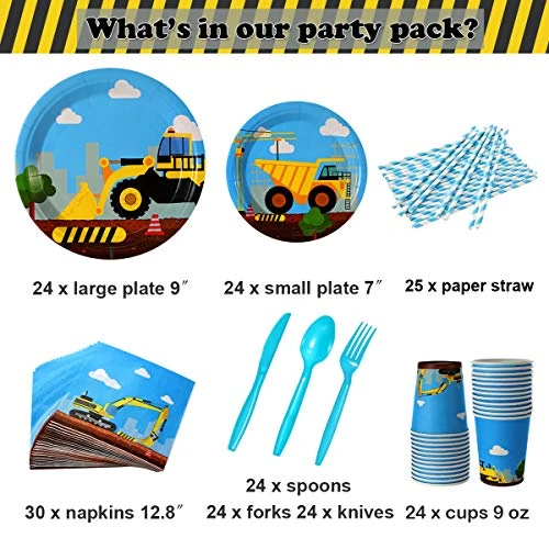 Construction Kids Birthday Party Supplies Set – Serves 24 Guests - Dump Truck Party Tableware Pack– Includes Excavator Paper Plates, Cups, Straws, Napkins, Knives, Spoons, Forks - Image 2
