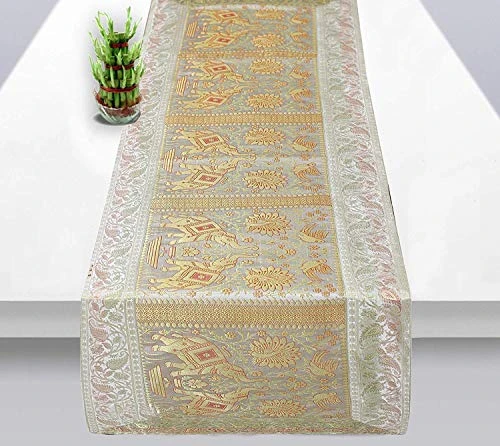 Indian Table Runner Rectangle Hand Art Elephant Good Luck Silk Table Runner 60 X 18 Inch Golden Color Table Cloth