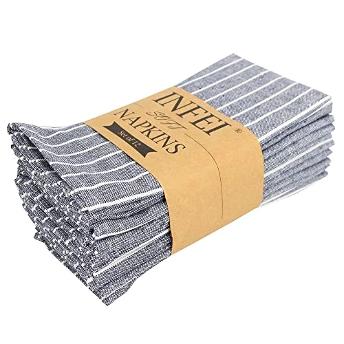 White Striped Linen Cotton Dinner Cloth Napkins - Set Of 12 (40 X 30 Cm) - For Events & Home Use (Navy)
