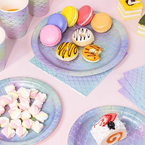 Mermaid Party Supplies, 350 PCS Disposable Dinnerware Set, Mermaid Paper Plate Napkin Cup Gold Plastic Fork Knives Spoon For Children's Day Girls Birthday Baby Shower Wedding Hawaii Ocean Party - Image 4