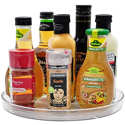 Lazy Susan Turntable Food Storage Container For Cabinets, Pantry, Refrigerator, Countertops, BPA Free - Spinning Organ-izer Rack For Spices, Condiments, Baking Supplies - 9" Round,Clear
