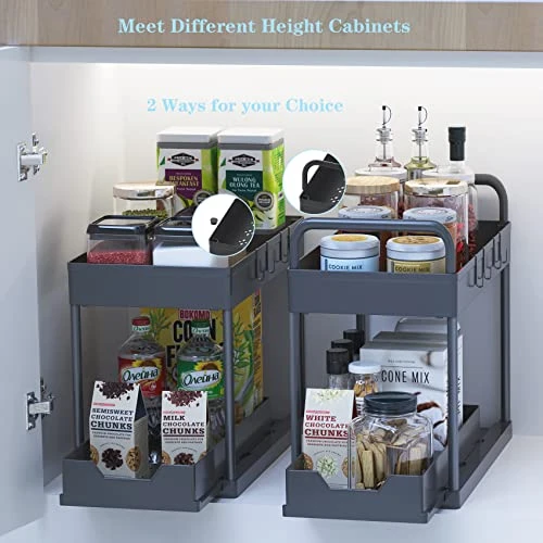 Under Sink Organizer And Storage, 2-Tier Bathroom Organizer With Pull Out Sliding Drawer 4 Hooks 2 Handles, Multi-purpose Under Cabinet Storage Shelf For Bathroom And Kitchen (1 Pack) - Image 3