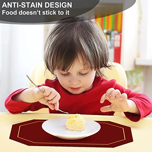 Reversible Placemats Set Of 6 - MYGCCA Faux Leather Heat Resistant Placemats Washable Table Mats Waterproof Wipeable Place Mats For Dining Table Wedding Coffee Shop Decorations (Wine Red And Black) - Image 2