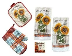 GENERIC Fall Kitchen Towels Oven Mitt And Pot Holder 4 Pc Set 100% Cotton Farmhouse Country Autumn Fresh Picked Sunflowers Plaid With Custom Magnet (Towels, Pot Holder, Oven Mitt Set Of 4 Pc)