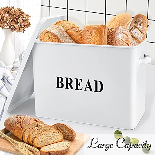 Bread Box, Metal Bread Box With Lid For Kitchen Countertop, Large Bread Bin Holder Storage Container - 13" X 9.8" X 7.3" - Holds 2+ Loaves, Modern Farmhouse & Vintage Style - White - Image 2