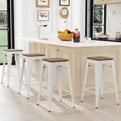 26 Inch Bar Stools Set Of 4 Counter Height Stools Stackable Bar Stool Backless Metal Barstools White Cream Counter Stools Indoor For Kitchen & Island&Dining Chairs Set Of 4
