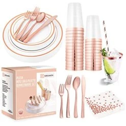 250 Piece Disposable Rose Gold Plastic Dinnerware Set - 50 Rose Gold Plastic Plates - 25 Rose Gold Plastic Silverware - 25 RoseGold Cups And Straws - 50 Fancy Napkins, Wedding Or Party Of 25