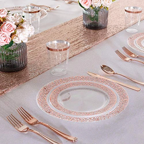 00000 150 Pcs Rose Gold Plastic Plates & Silverware & Disposable Cups, Laced Design Includes 25 Dinner Plates 10.25" 25 Dessert Plates 7.5" 25 Tumblers 25 Forks 25 Knives 25 Spoons For Party - Image 4