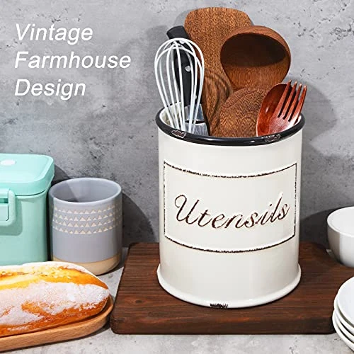 Extra Large Utensil Holder For Long Cooking Tools, 7.2'' Deep And Wide Opening, Rustic Farmhouse Utensil Holder, No Tipping Over, Dishwasher Safe, Ceramic Utensil Crock For Long Spoon Spatula - Image 2