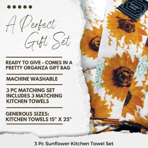 3 Pc Sunflower Kitchen Towel Set - 100% Cotton, Perfect Sunflower Kitchen Decor Set, Sunflower Gifts, Comes In A Gift Bag For Givingmats - Comes In An Organza Bag So It's Ready For Giving!