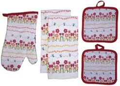 Set Of 5, Spring Flower With Butterfly Collection Printed Decorative Kitchen Towel Set Includes 2 Kitchen Towel, 2 Pot Holder, 1 Oven Mitt.