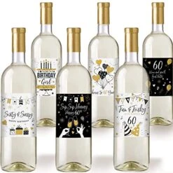 Printed Party 60th Birthday Wine Bottle Labels, Black And Gold, Set Of 6