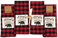 Winter Bear Christmas Kitchen Dish Towel Set: Traditional Red Black Check With Beary Christmas Patch On Cotton Fibers With Easy Hanging Fabric Loop (Towels Only)