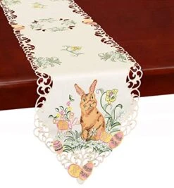 Embroidered Bunny Table Runners, Easter Holiday Season Decorations, Dresser Scarves (14 X 69 Inch)