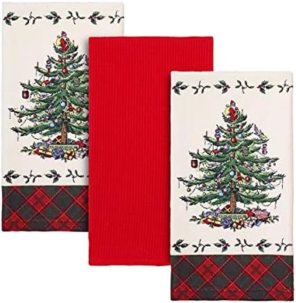 Spode Christmas Tree Collection, 3pc Kitchen Towels, Red Tartan - Image 3