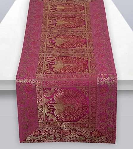 Indian Table Runner Rectangle Hand Art Elephant Good Luck Silk Table Runner 60 X 18 Inch Golden Color Table Cloth - Image 7