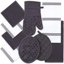 Oven Mitts And Pot Holders Set Of 9 With Kitchen Towels And Dishcloths, Oeko-Tex Cotton Terry Kitchen Dish Towels & Dish Cloths, Non-Slip Silicone Oven Mitt Set, Gray