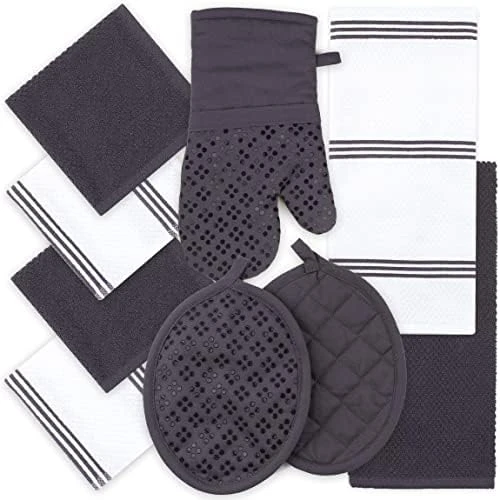 Oven Mitts And Pot Holders Set Of 9 With Kitchen Towels And Dishcloths, Oeko-Tex Cotton Terry Kitchen Dish Towels & Dish Cloths, Non-Slip Silicone Oven Mitt Set, Gray - Image 14