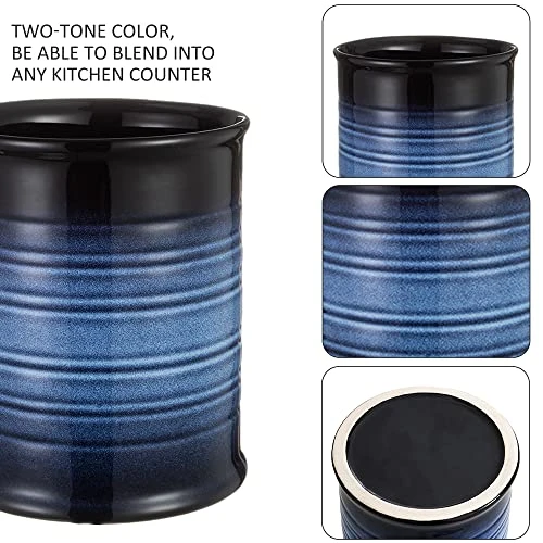 Nihow Kitchen Utensil Holder: 7.2 Inch Extra Large Ceramic Utensil Holder For Countertop - Stable Utensil Crock For Kitchen Counter Decor - Elegant Blue & Black (1PC) - Image 3