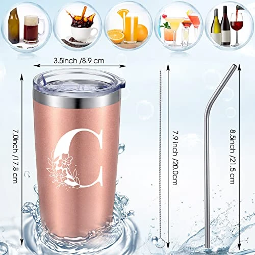 Personalized Initial Mug Tumbler 20oz, Monogrammed Travel Mug With Gift Box For Wedding Birthday Graduation Party, Birthday Christmas Gifts For Women Mom Sisters Teacher Coworker (C) - Image 4