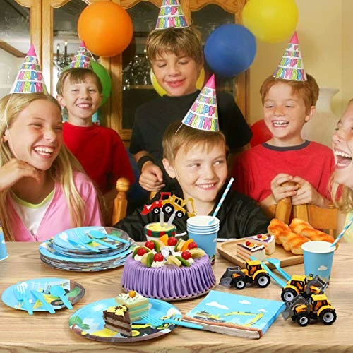 Construction Kids Birthday Party Supplies Set – Serves 24 Guests - Dump Truck Party Tableware Pack– Includes Excavator Paper Plates, Cups, Straws, Napkins, Knives, Spoons, Forks - Image 4