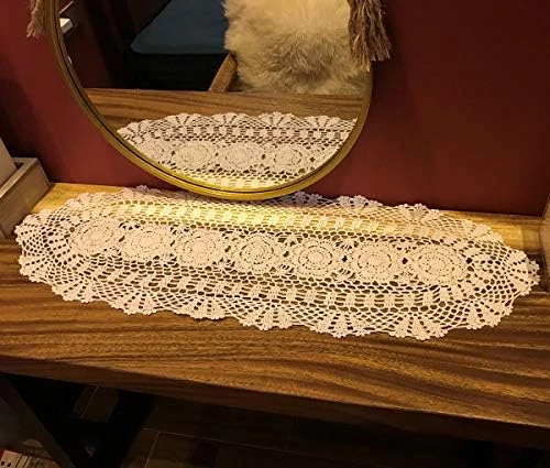 Janef White Handmade Crochet Cotton Table Runner Lace Doilies Doily Oval Dresser Scarves,11.8 By 35 Inches. - Image 10