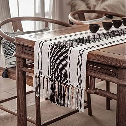 Farmhouse Table Runner 108 Inches Long, Boho Rectangle With Tassels Table Runners, Woven Cotton Table Runner Rustic Style Linen Table Runner Holiday Party Dining Room Dresser Décor (Black) - Image 8