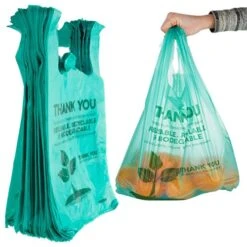 Eco Grocery Bags (100 Count) Biodegradable Plastic Grocery Bags - Reusable Supermarket Thank You Shopping Bags, Recyclable Plastic T Shirt Bags, Small Trash Can Bags